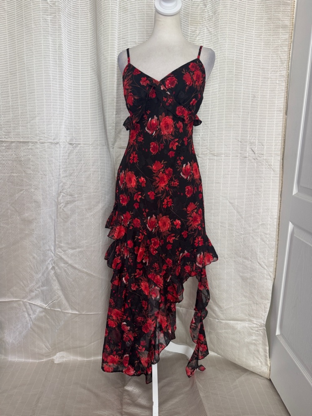 NWT Jessica Simpson black and red floral high-low slip spaghetti straps dress